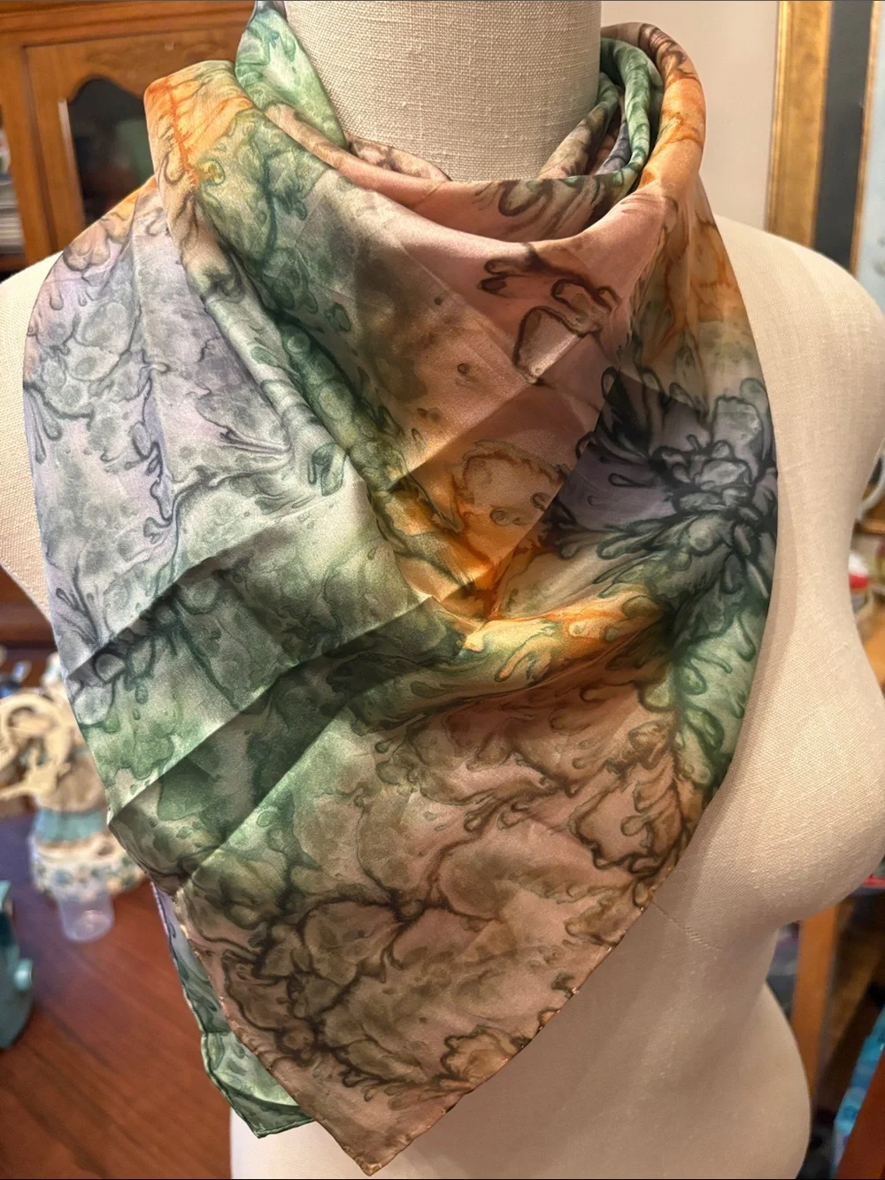 Vintage hand rolled water color print silk scarf
